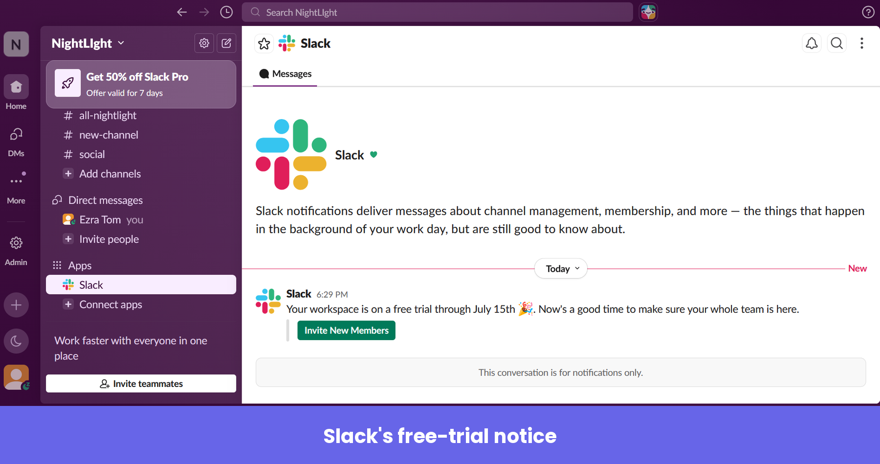 Slack's free trial notice