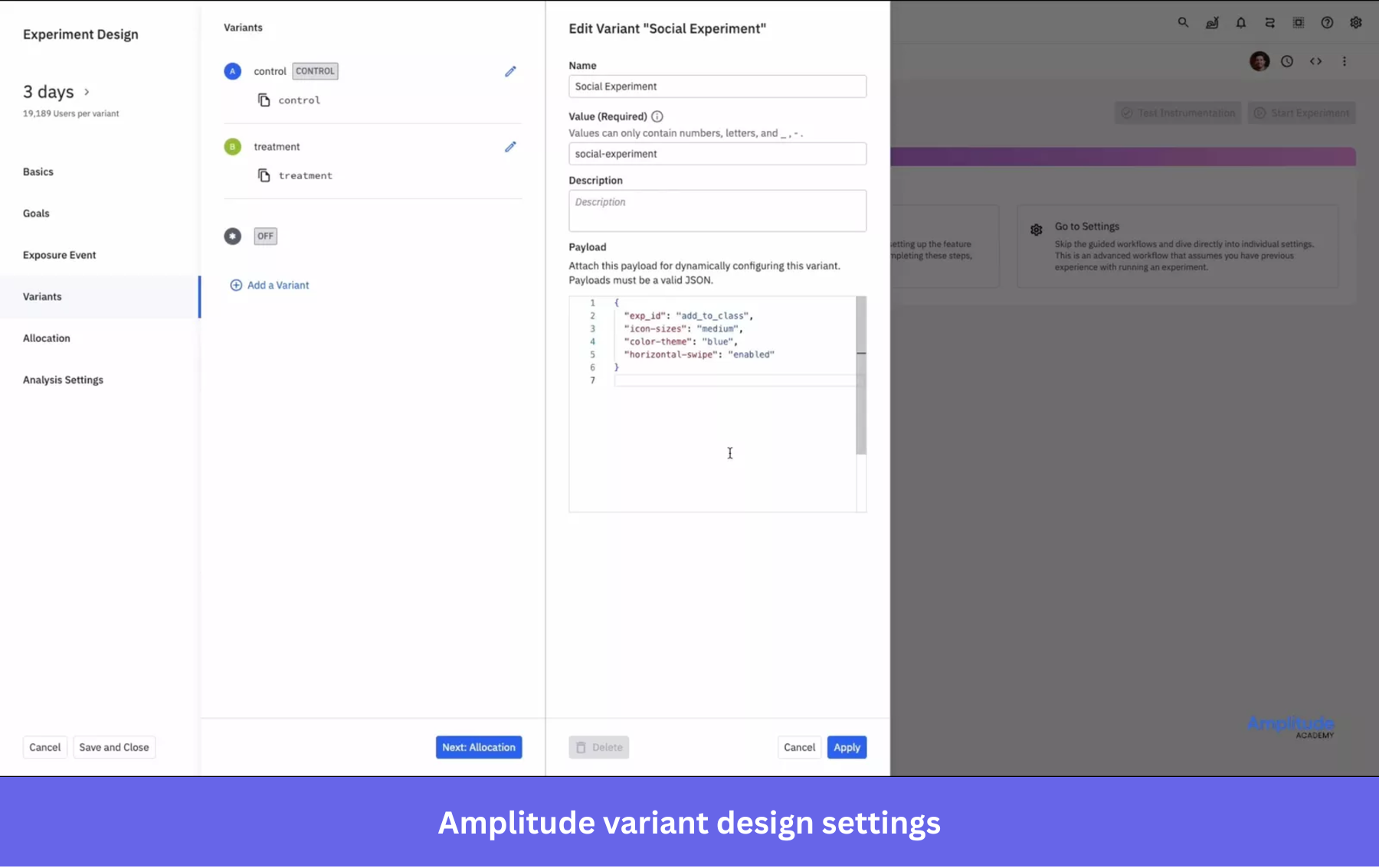 Amplitude variant design settings.