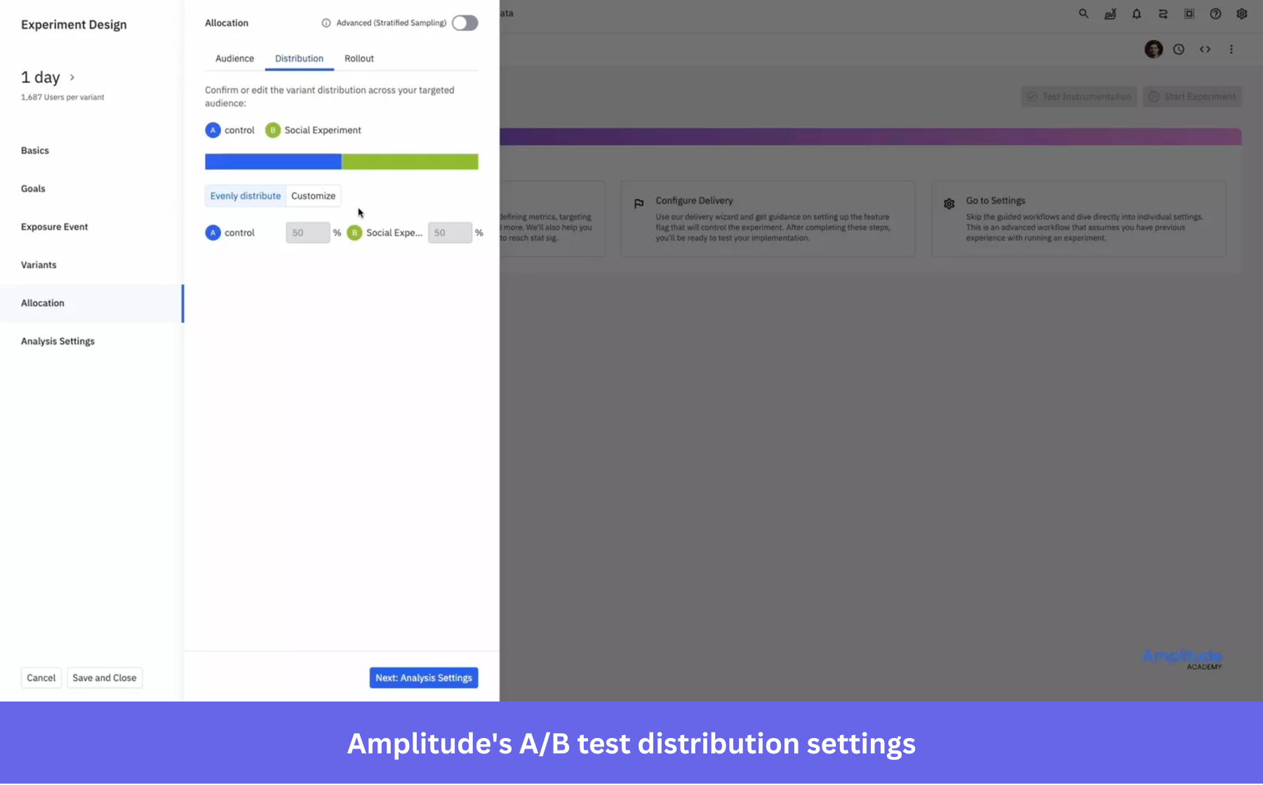 Amplitude's A/B test distribution settings.