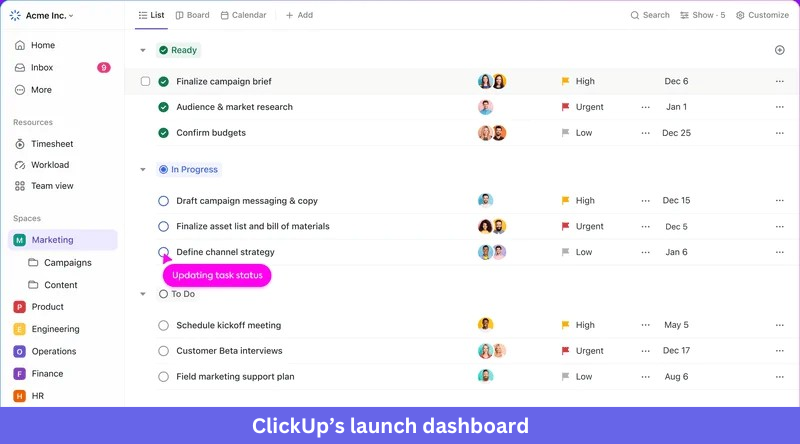 ClickUp launch dashboard