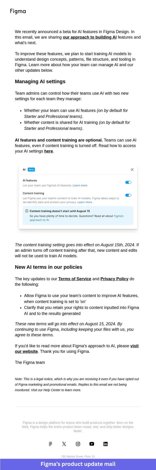 Figma's terms & conditions updates email