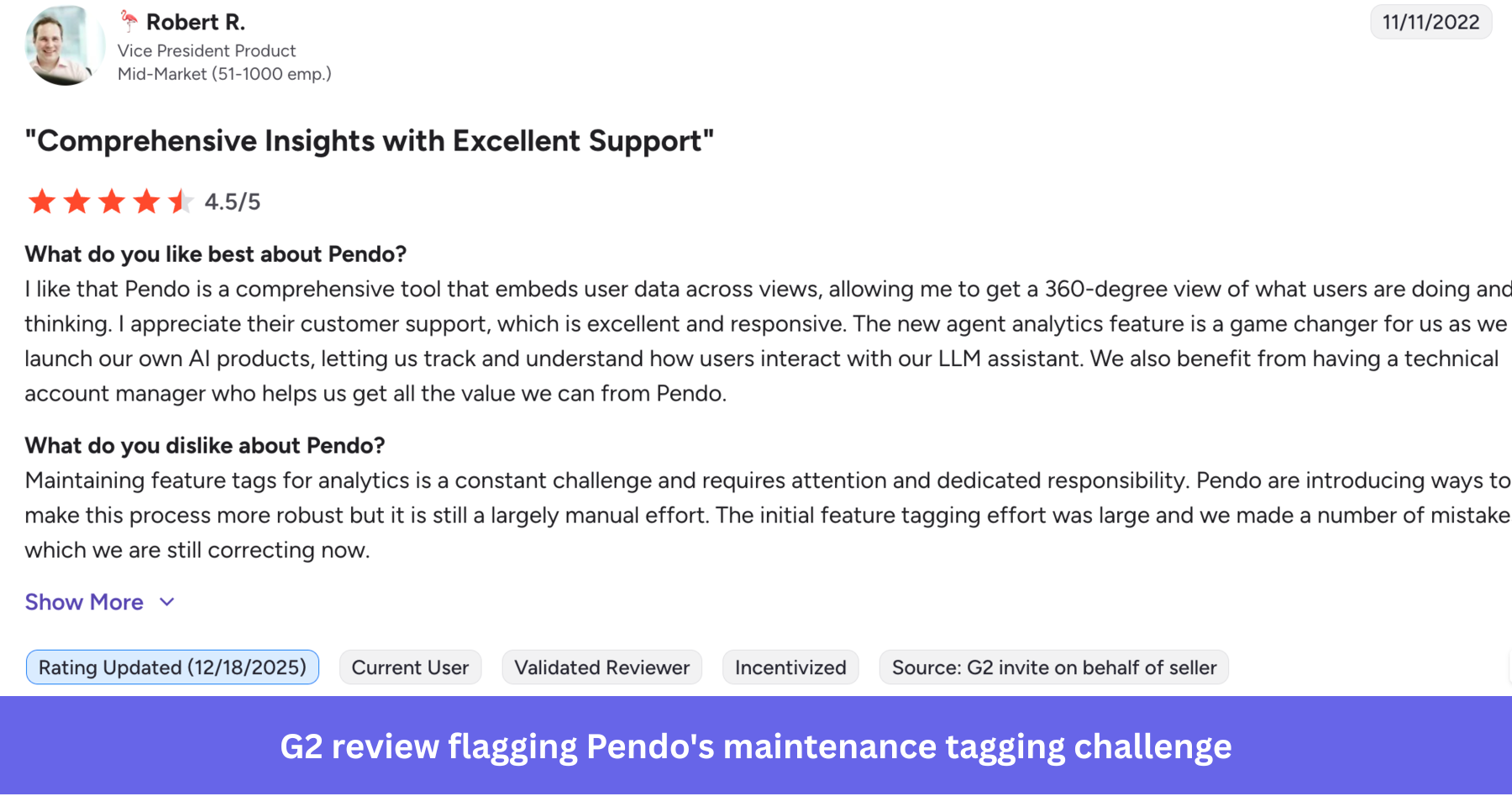 G2 review flagging Pendo's maintenance tagging challenge