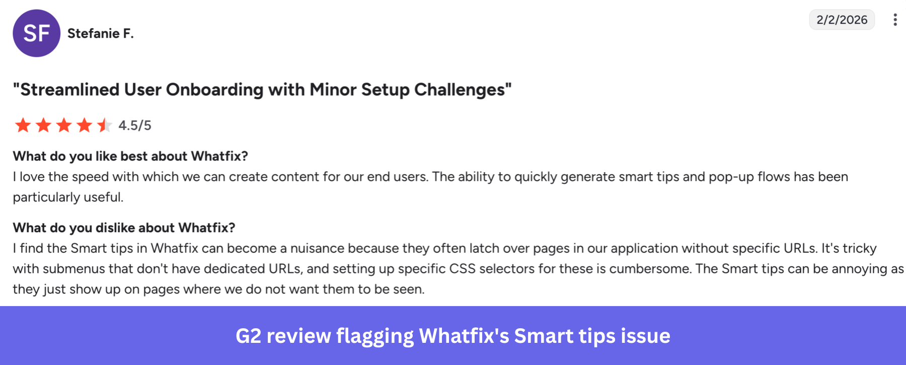 G2 review flagging Whatfix's Smart tips issue