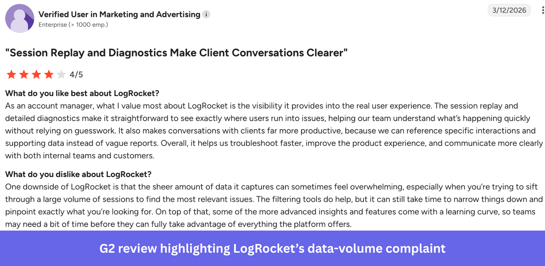G2 review highlighting LogRocket’s data-volume complaint