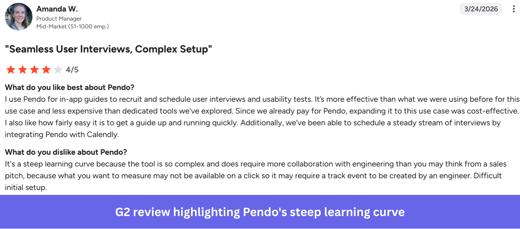 G2 review highlighting Pendo's steep learning curve