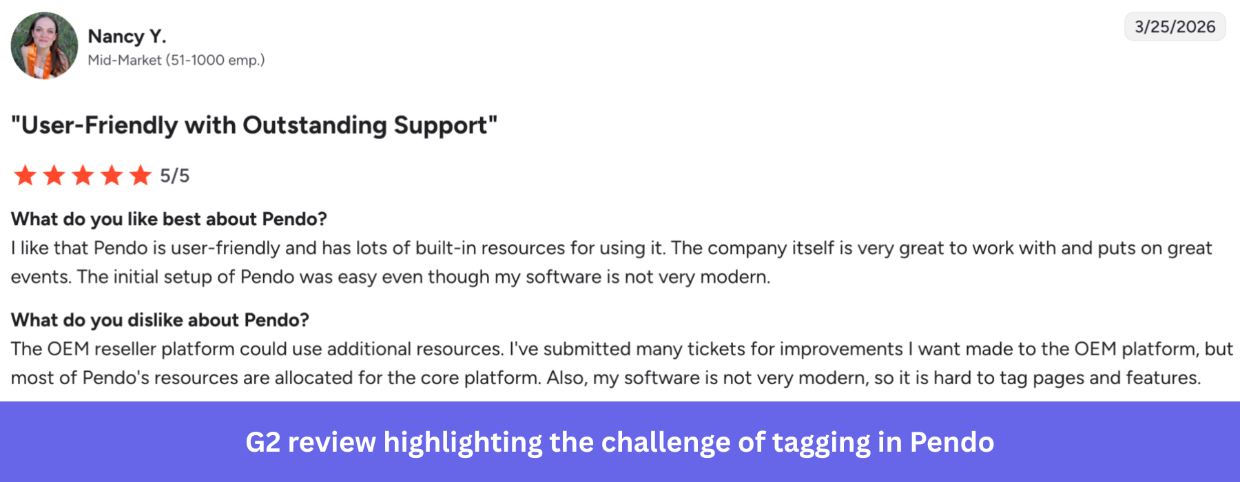 G2 review highlighting the challenge of tagging in Pendo.