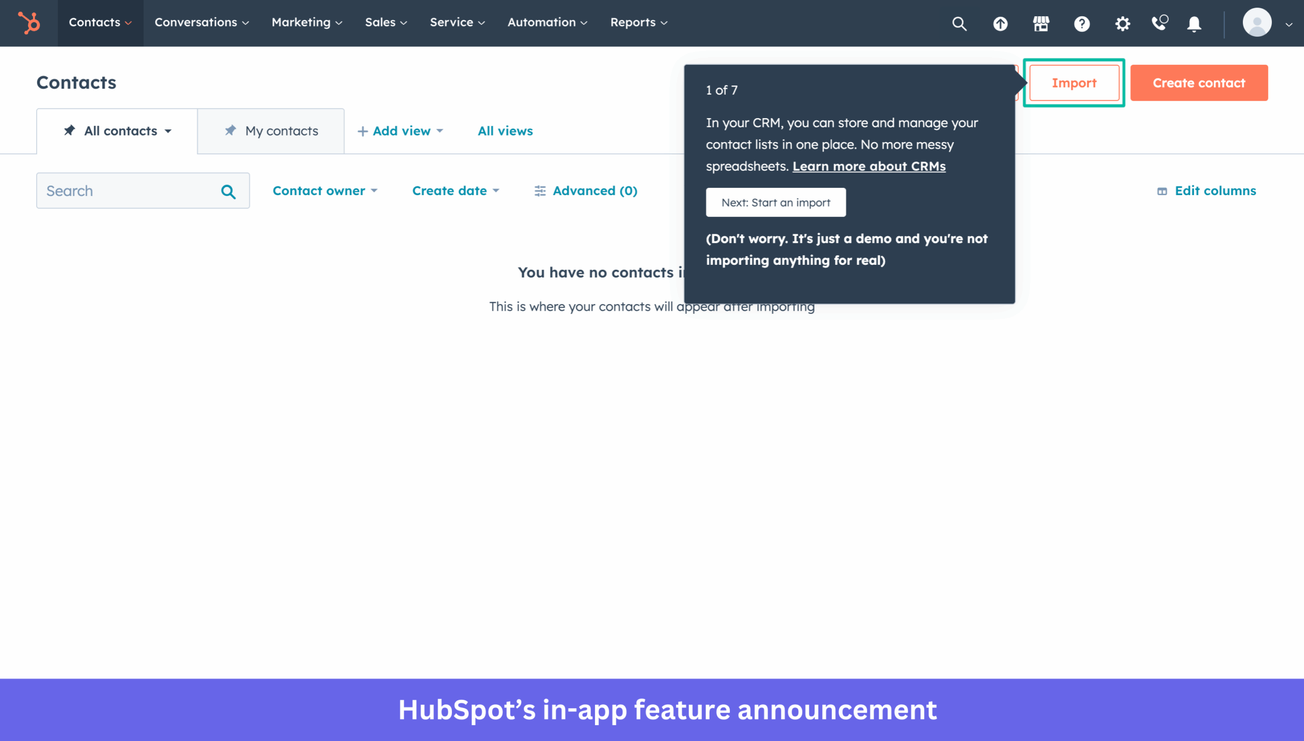 Hubspot in-app feature announcement