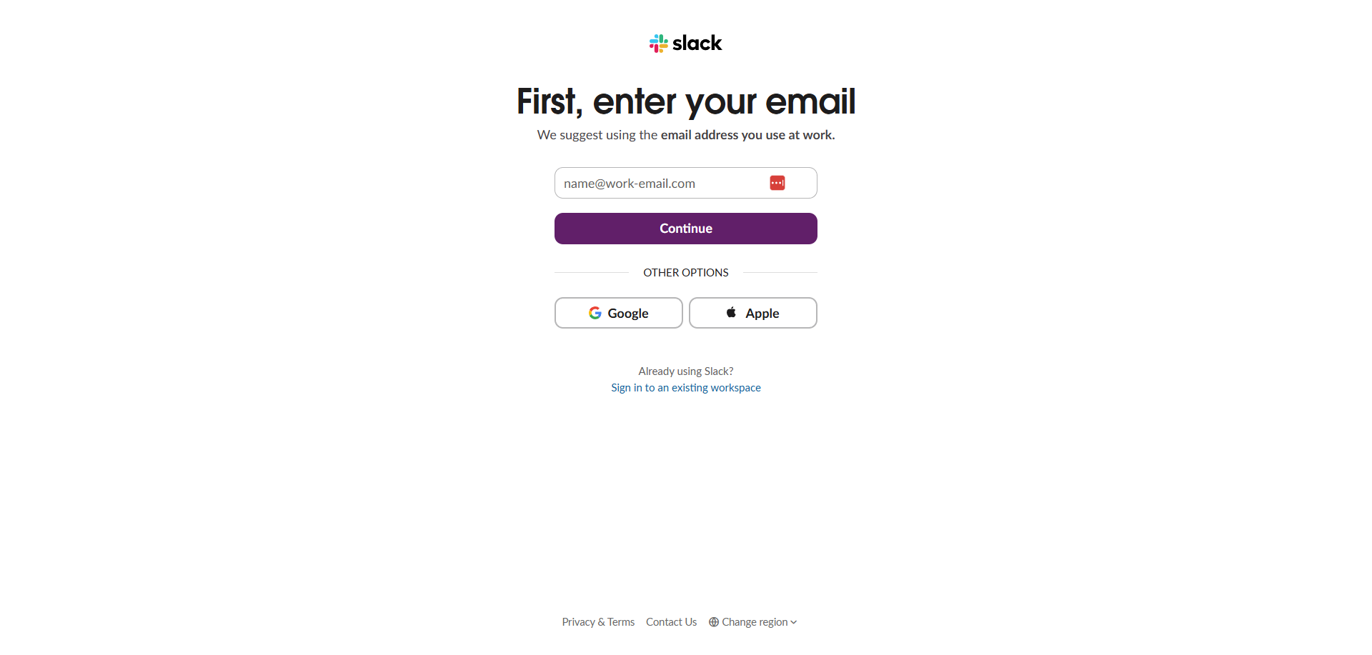 Slack signup page