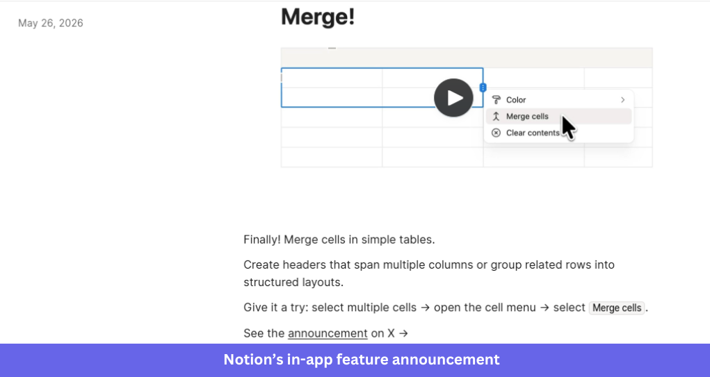 Notion’s in-app feature announcement