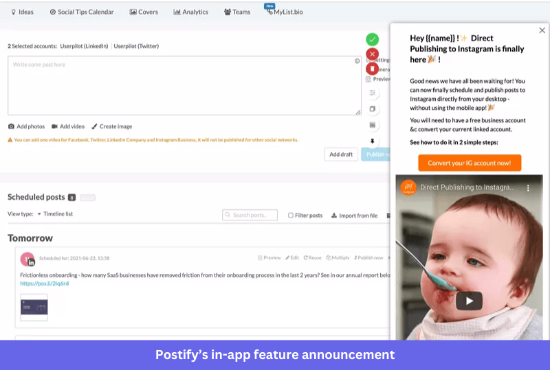 Postify’s in-app feature announcement