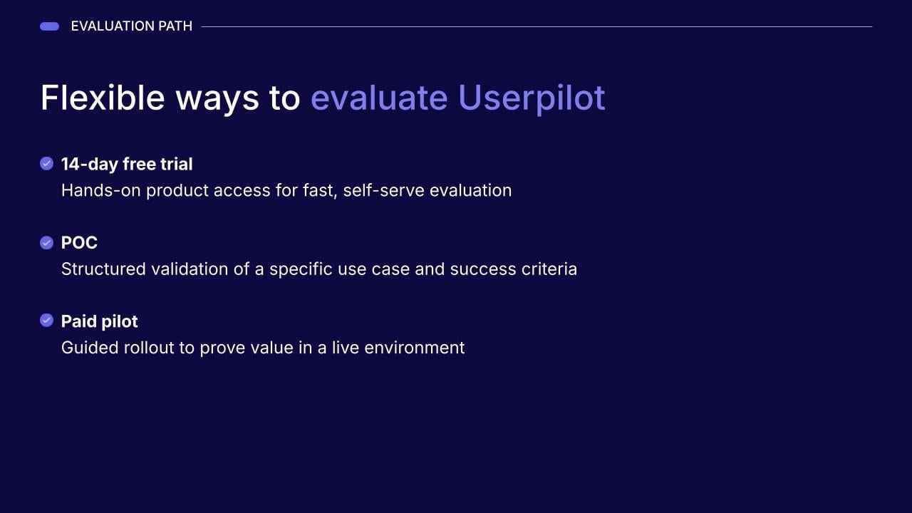 Evaluation path for Userpilot.