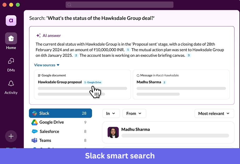 Quick, cited answers via Slack’s smart search.