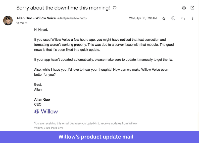 Willow's bug and technical fix email