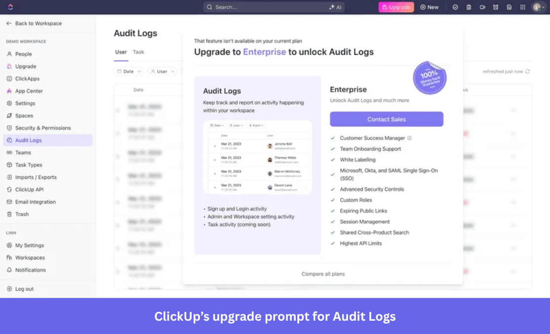 Clickup saas upselling examples. ClickUp's prompt shows you the benefits of upgrading.