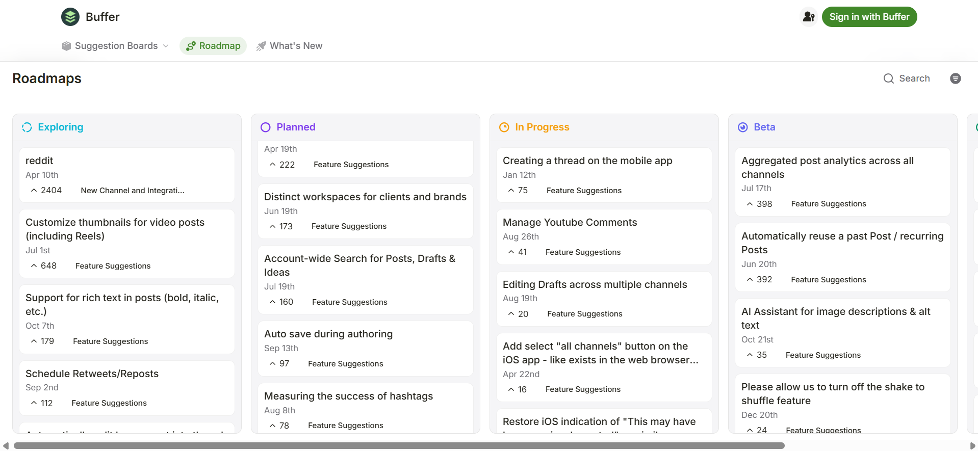 Buffer's transparent product roadmap.