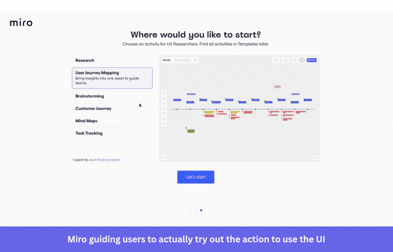Miro's onboarding doesn't describe how to use the whiteboard. It makes the user use it, step by step, on a pre-built example canvas.