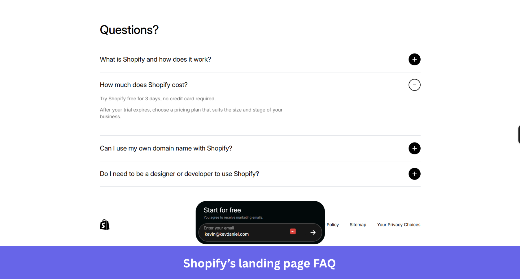 Shopify free trial landing page FAQ.