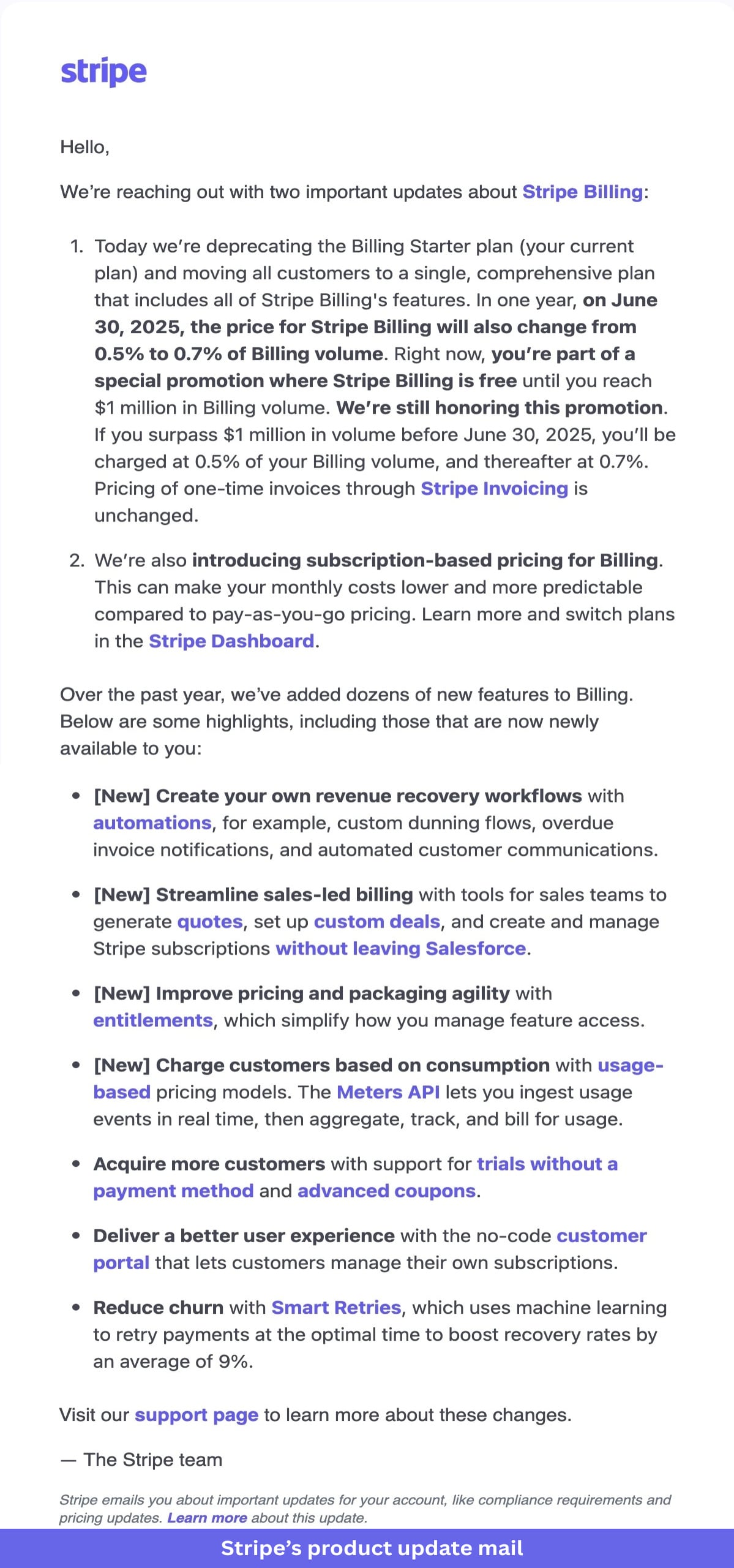 Stripe's pricing change announcement mail