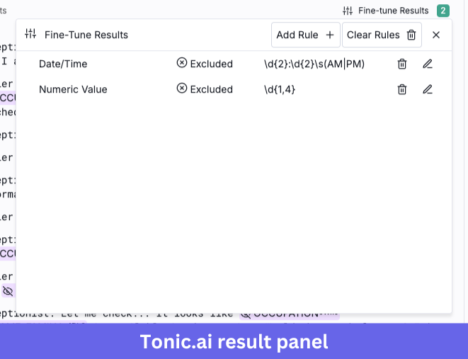 Fine-Tune Results panel for added and excluded values