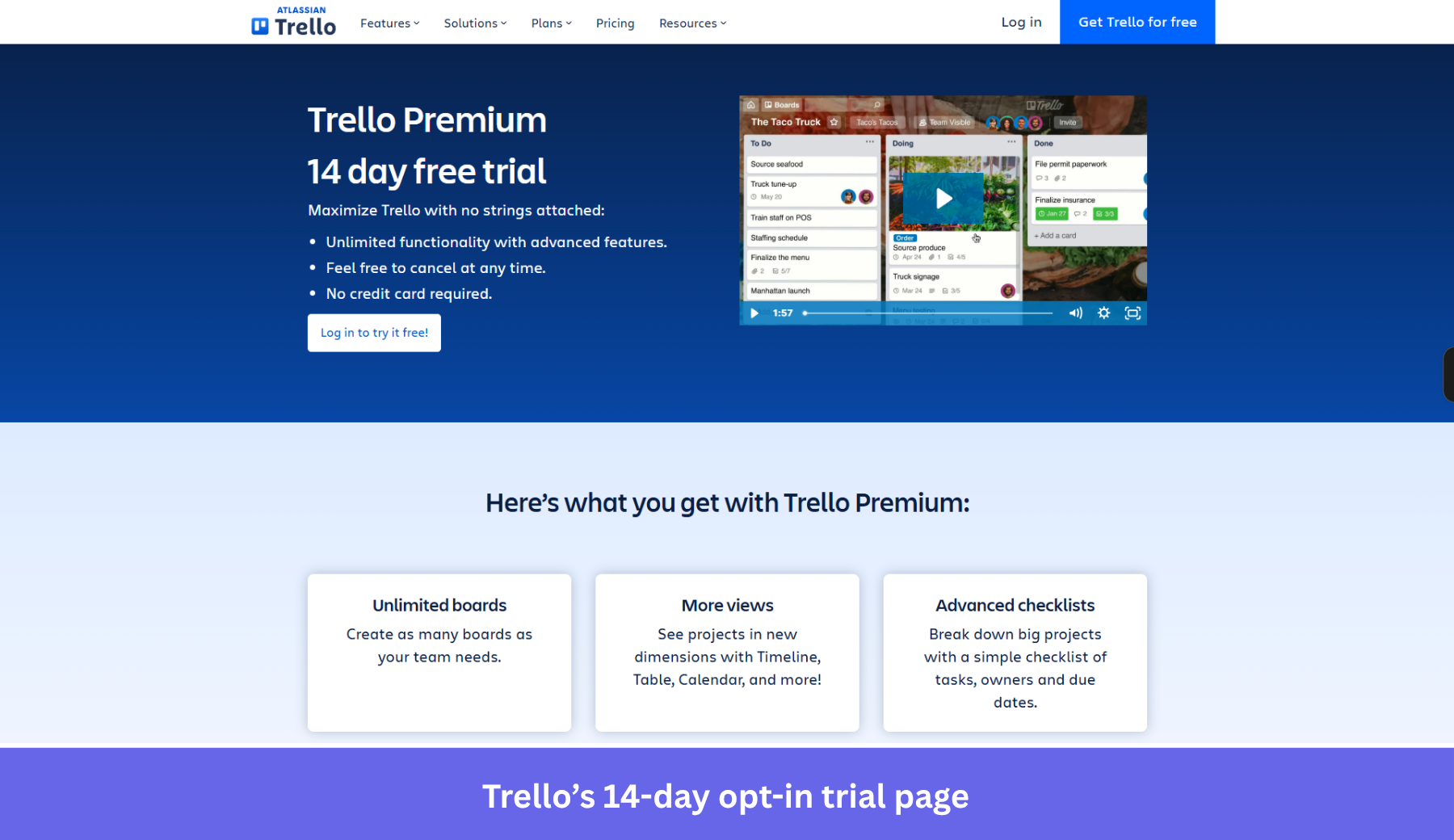 Trello free trial landing page example.