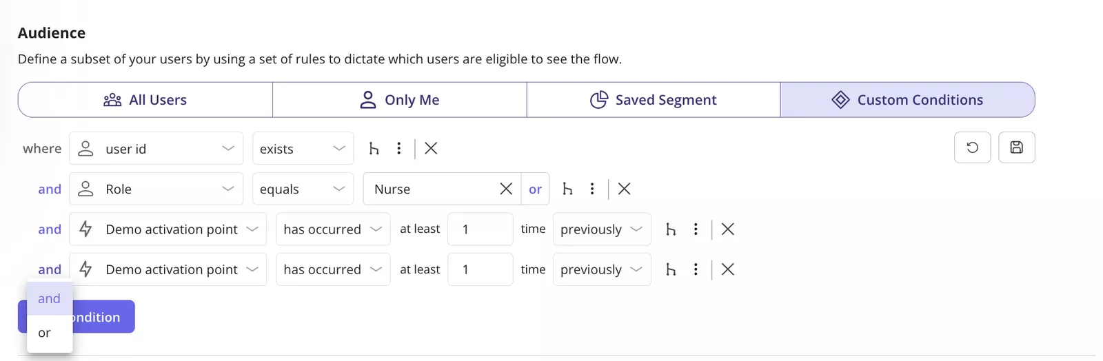 Audience segment and triggering options in Userpilot