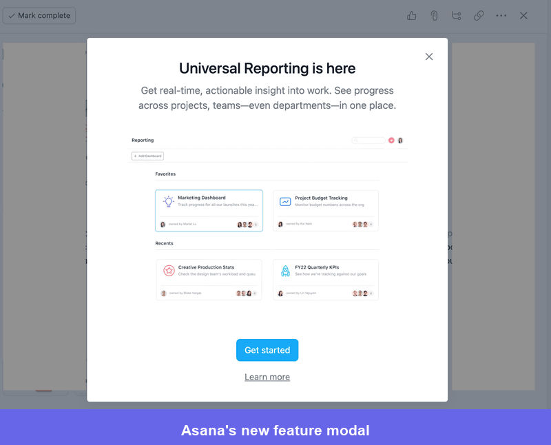 Asana new feature announcement modal example.