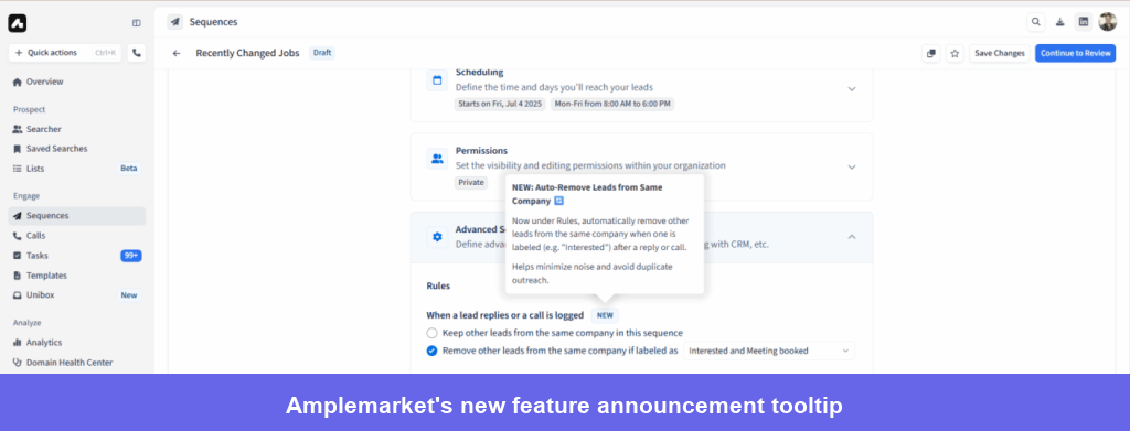 Amplemarket uses a Userpilot tooltip to introduce a new feature in context