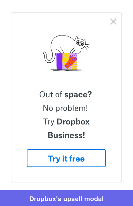 Dropbox upsell modal example.