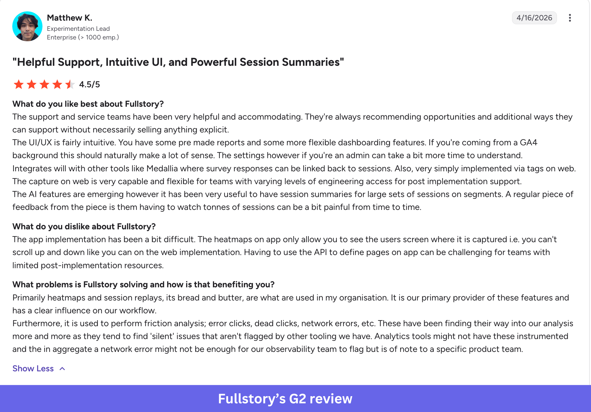 G2 reviewer highlighting Fullstory's strengths and limitations.