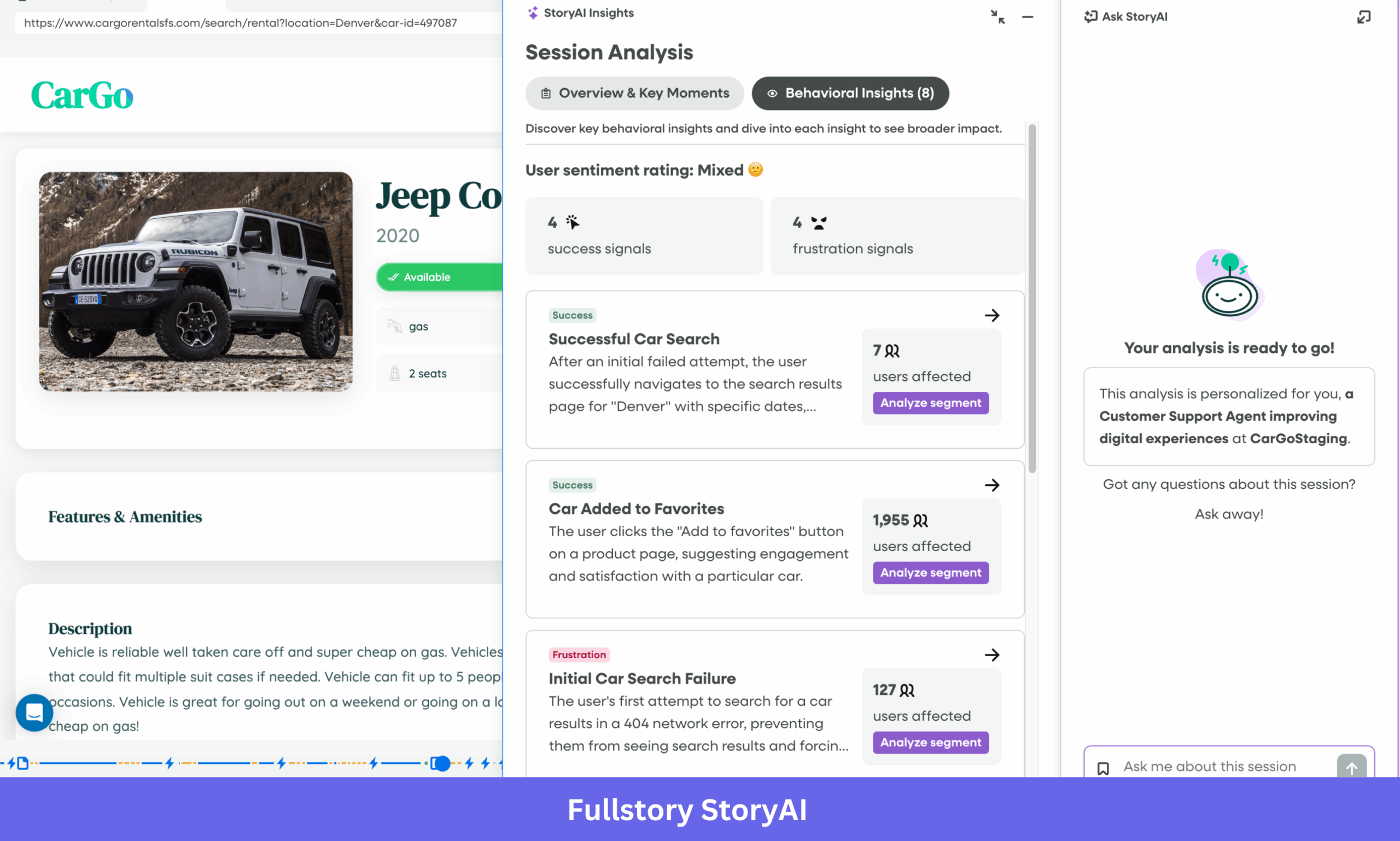 Fullstory StoryAI session analysis dashboard