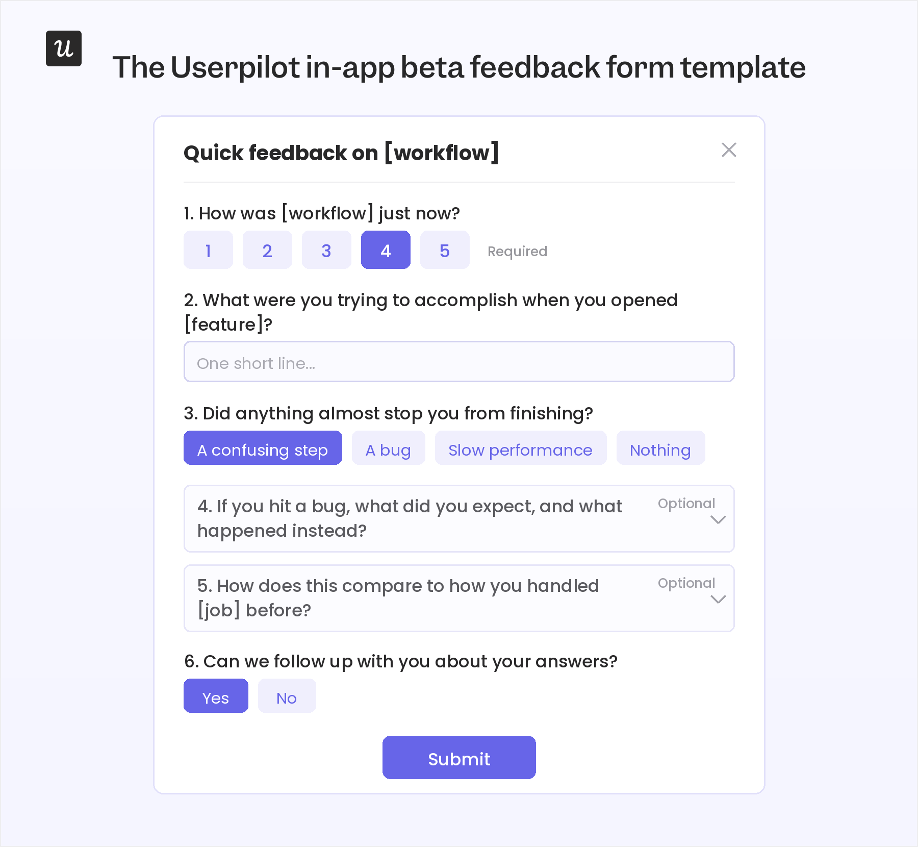 Userpilot beta testing feedback form template.
