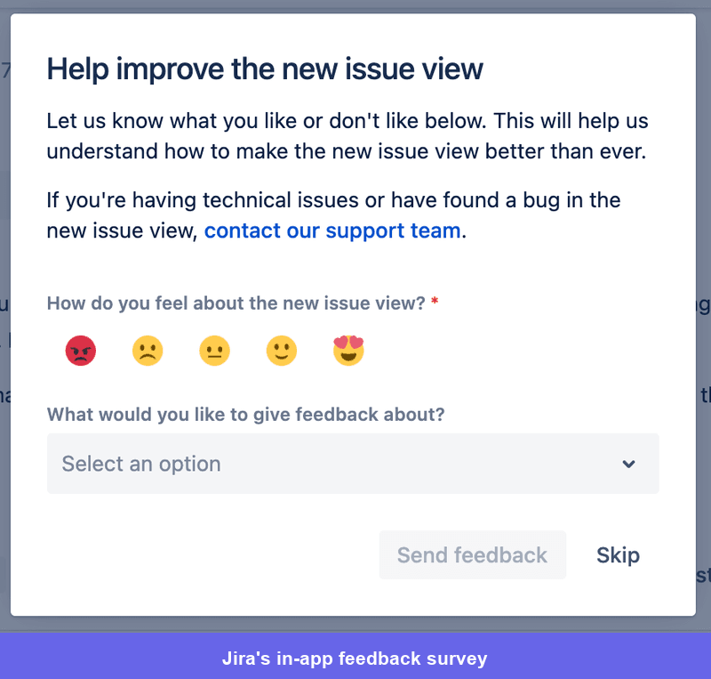 Jira in-app feedback survey