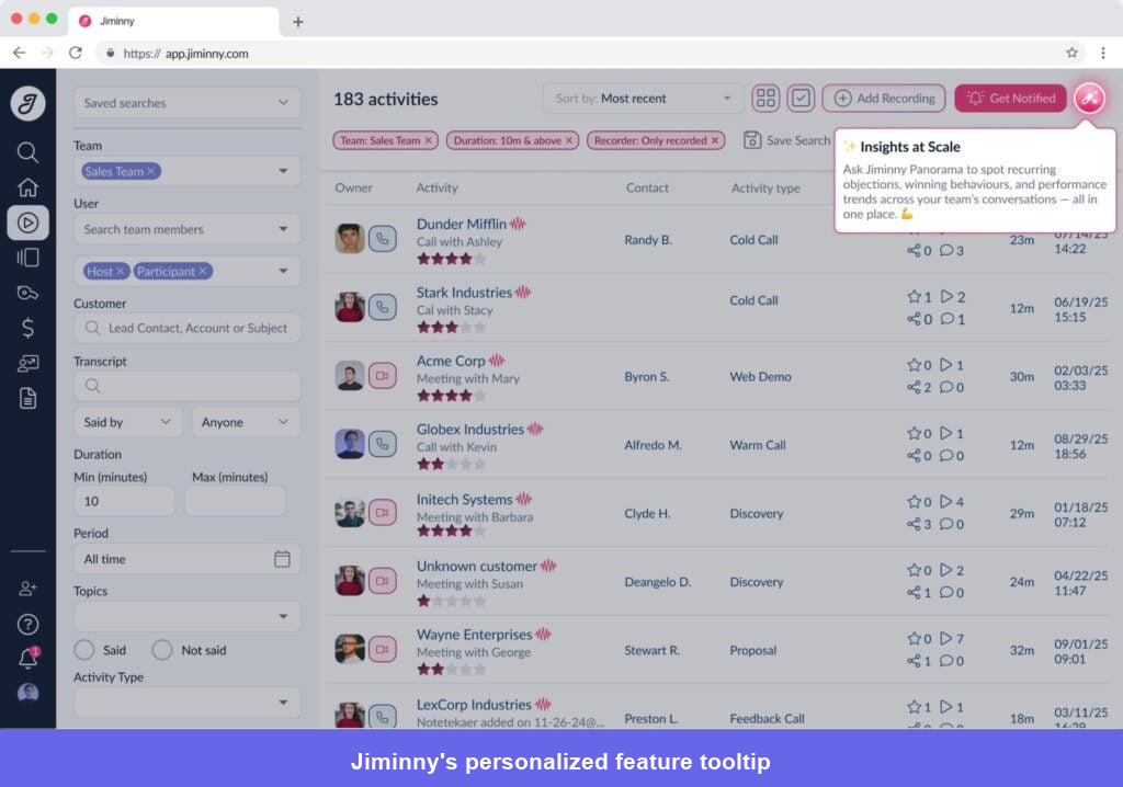 Jiminny uses a targeted Userpilot tooltip to guide the relevant user segment to a feature