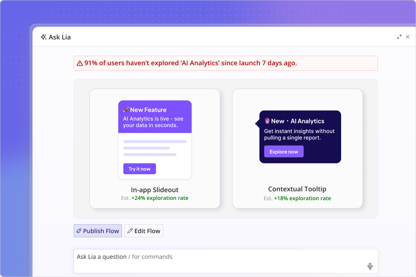 Track new feature analytics with Userpilot's Lia