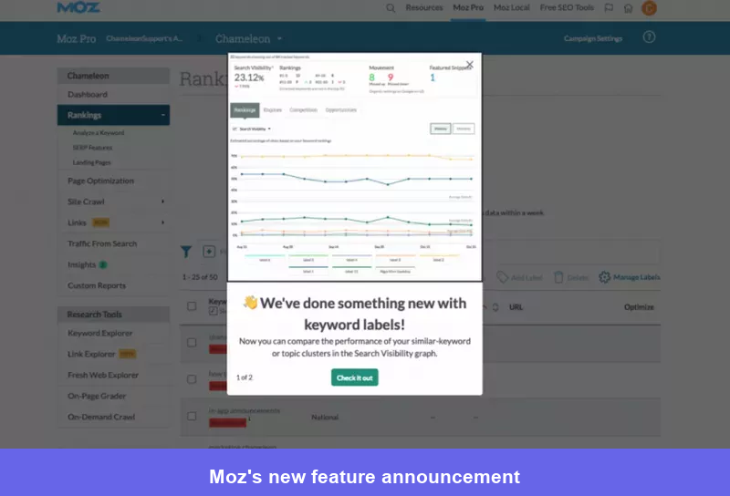 Moz new feature announcement modal