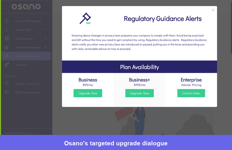 Osano uses a Userpilot upgrade dialog when a customer encounters a plan or billing restriction