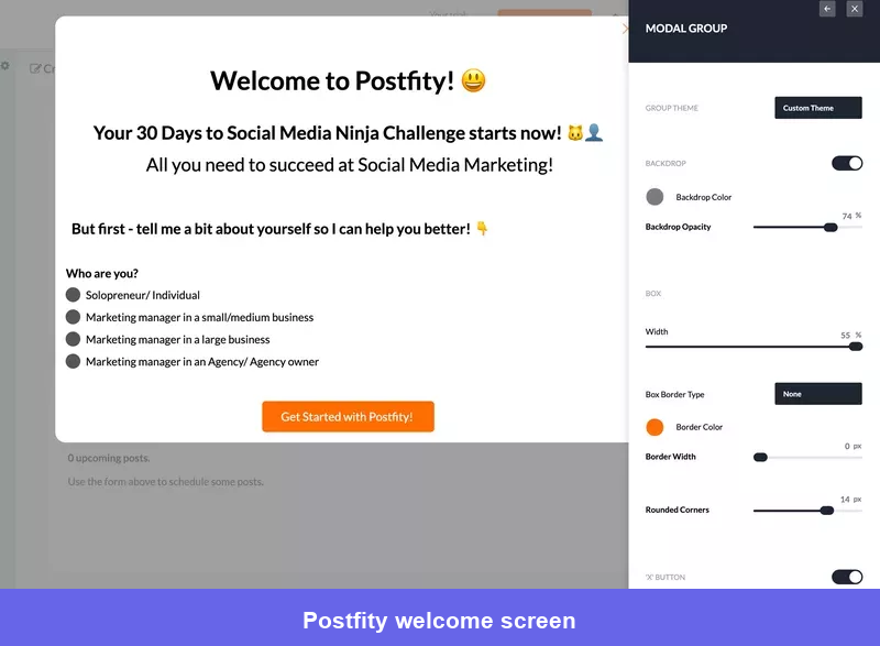 Postfity welcome screen
