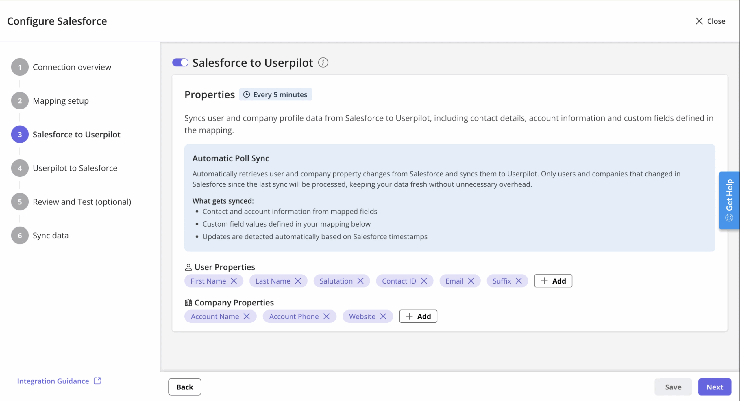 Select the Salesforce-to-Userpilot properties