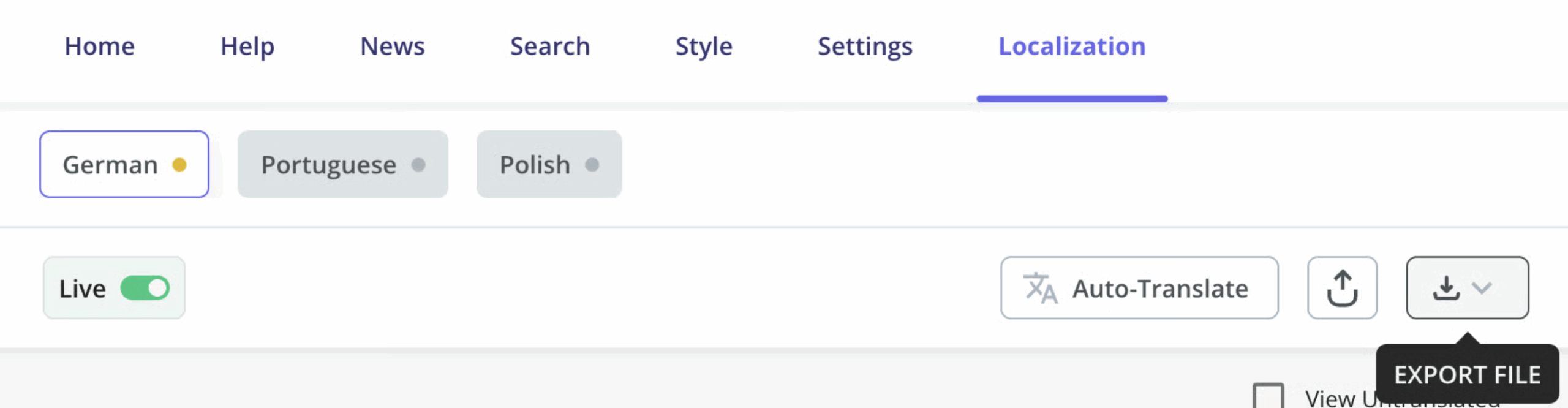export button to download the CSV or XLIFF file