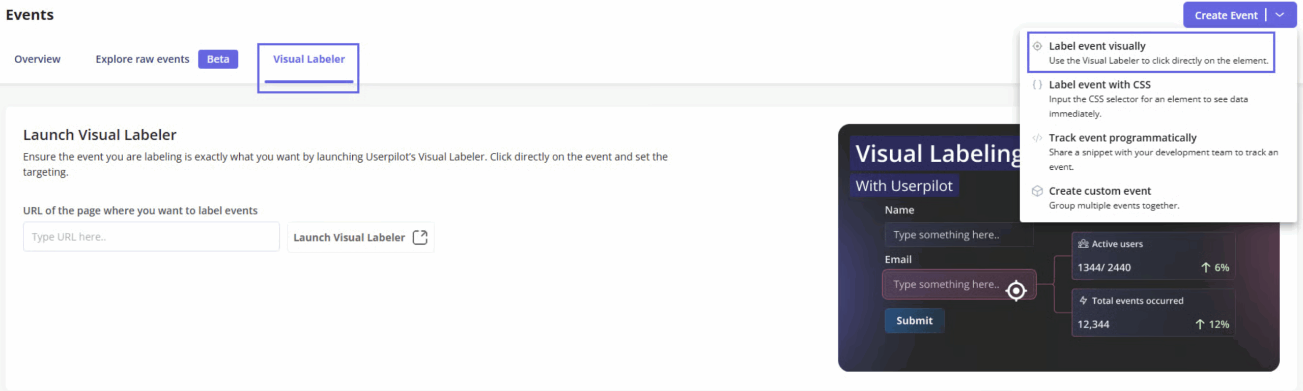 Label important interactions visually or with CSS selectors to turn Raw Events into reusable Labeled Events.