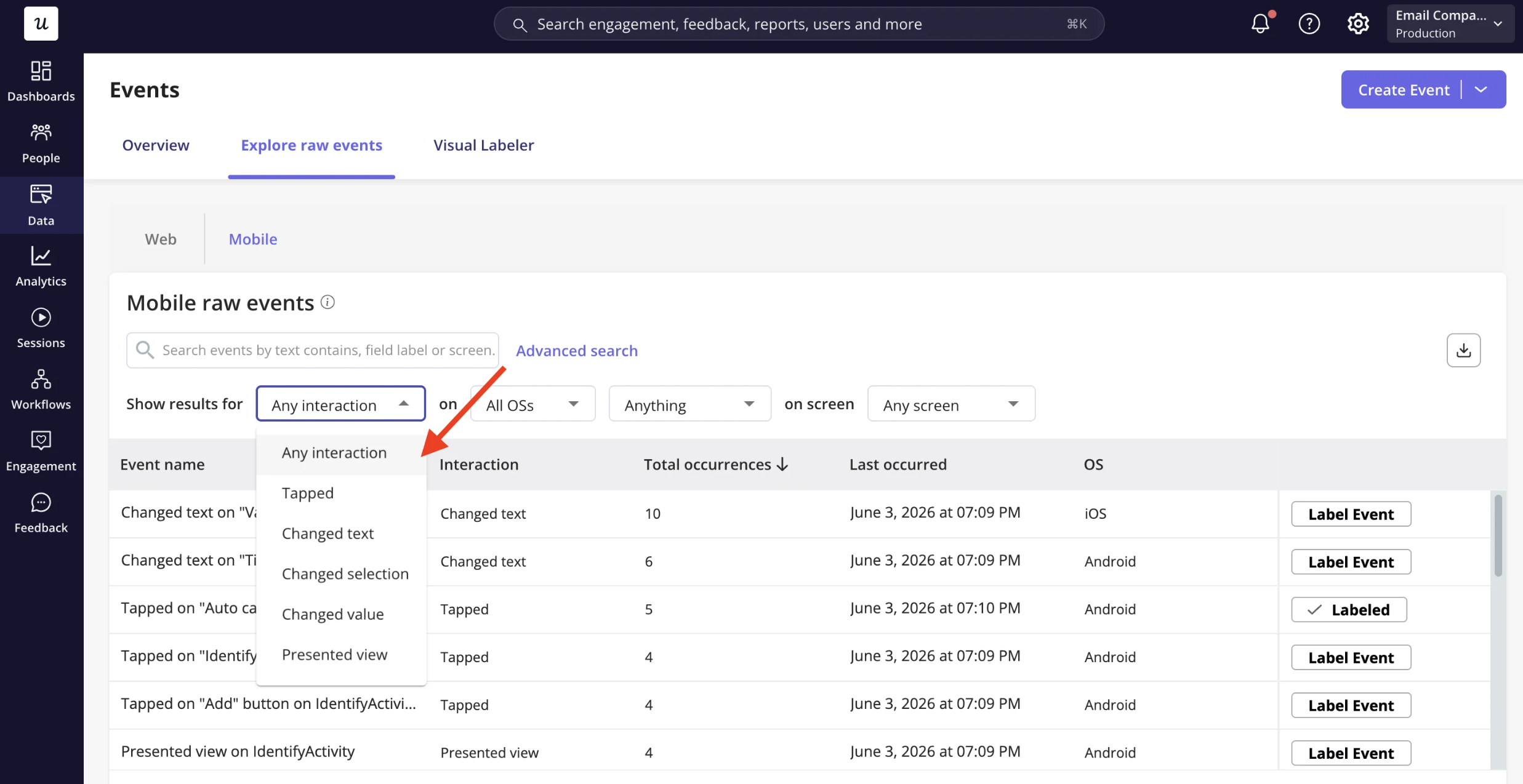 Mobile Raw Events in Userpilot