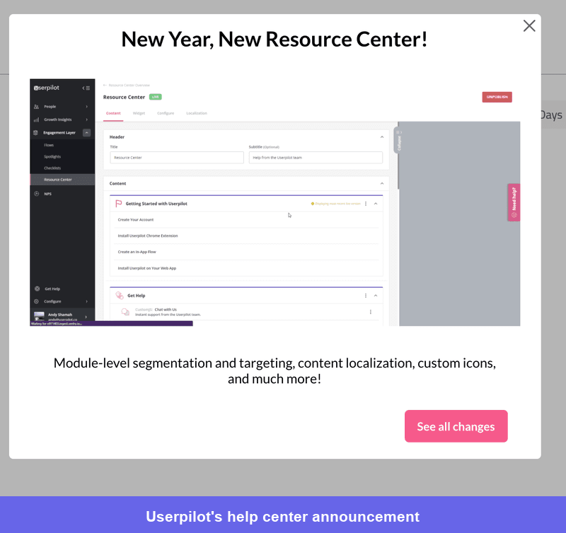 Userpilot resource center announcement