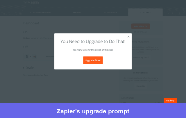 Zapier upgrade prompt