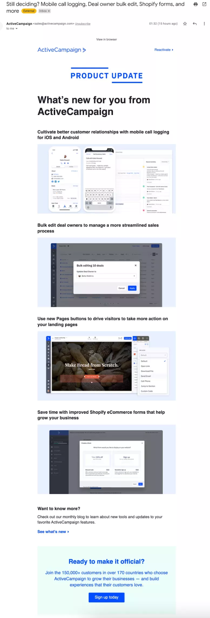 ActiveCampaign re-engagement email highlighting new product capabilities.