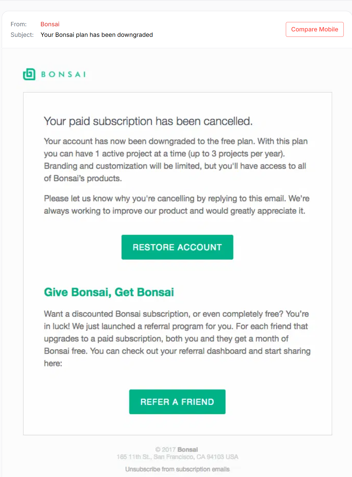 Bonsai cancellation email.