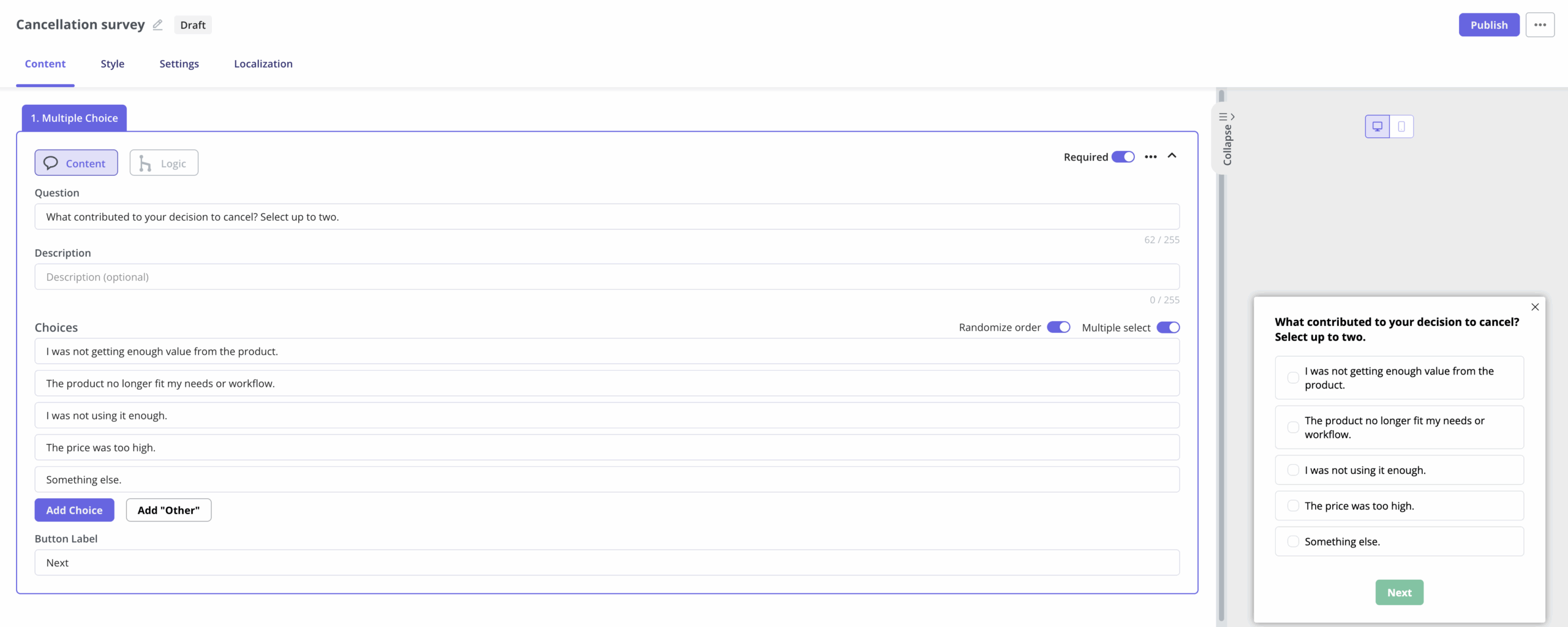 cancellation surveys userpilot