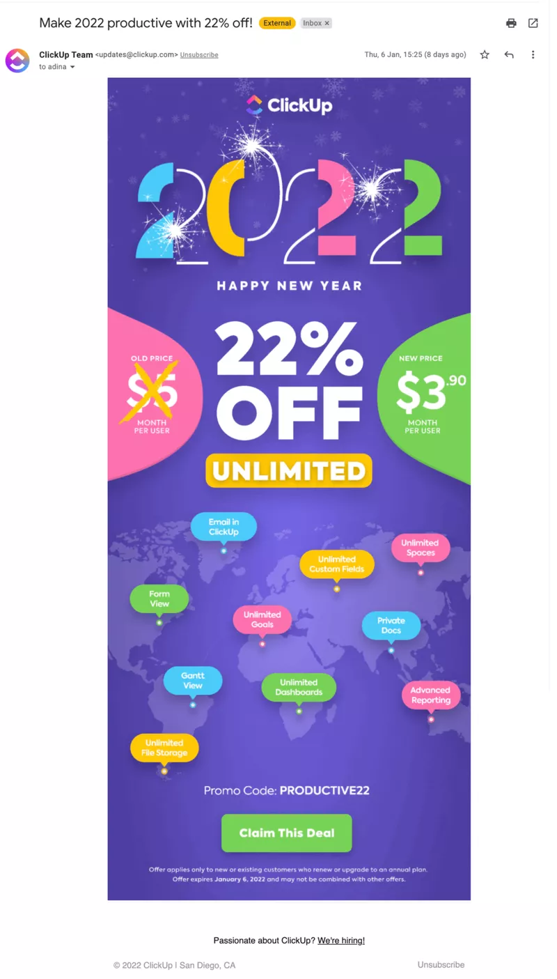 ClickUp win-back campaign email with a clear expiration date.
