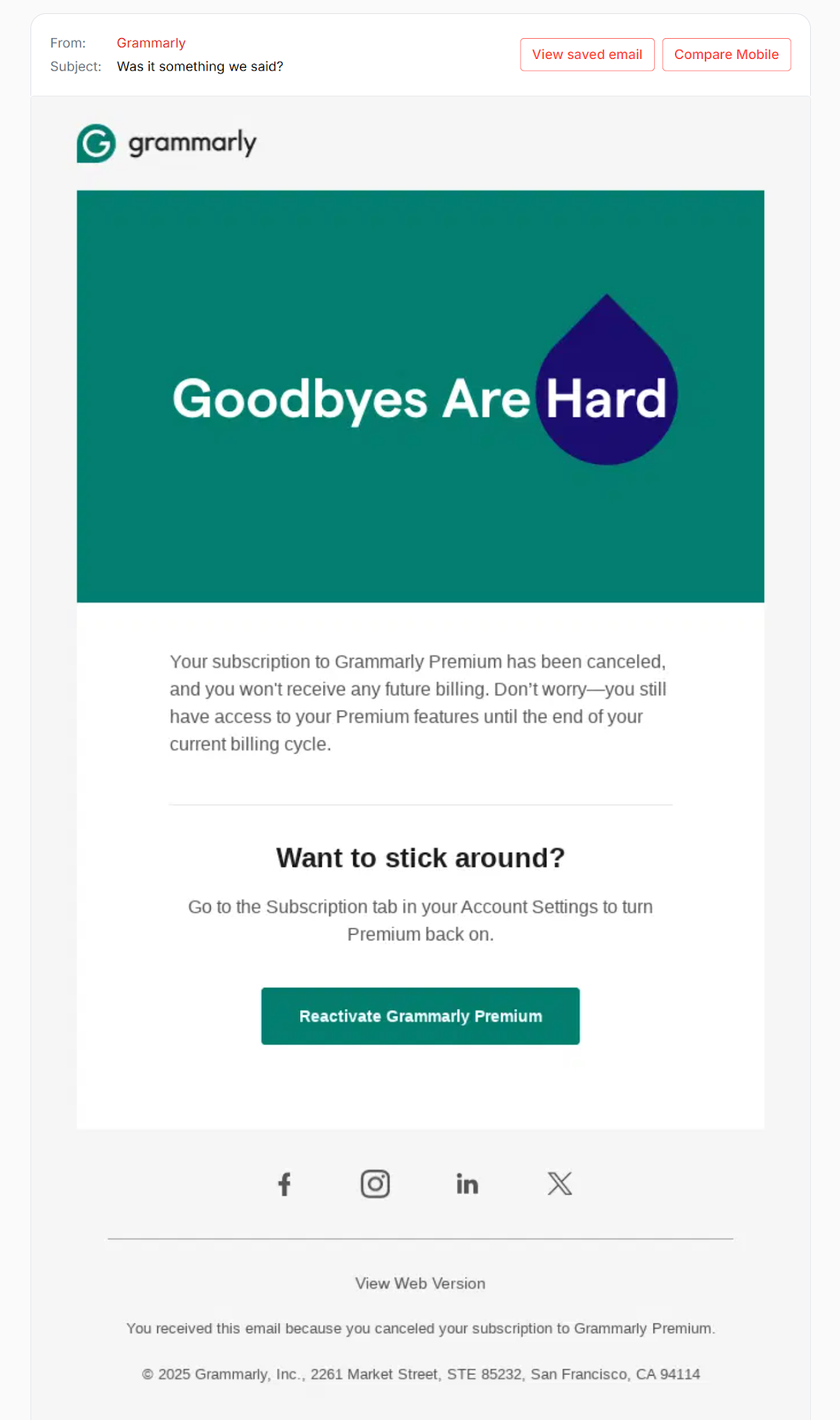 Grammarly cancellation email.