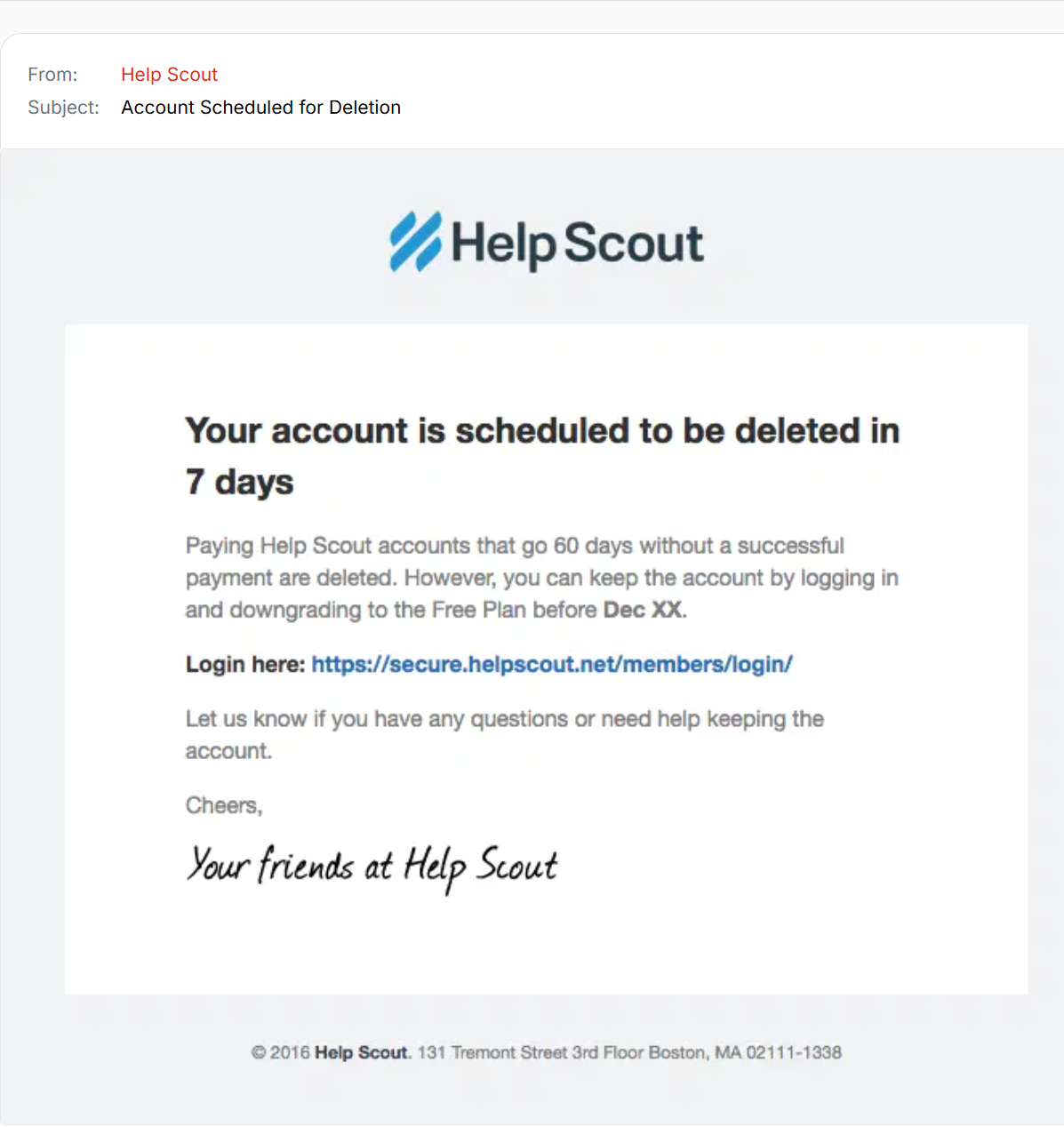 HelpScout cancellation email.