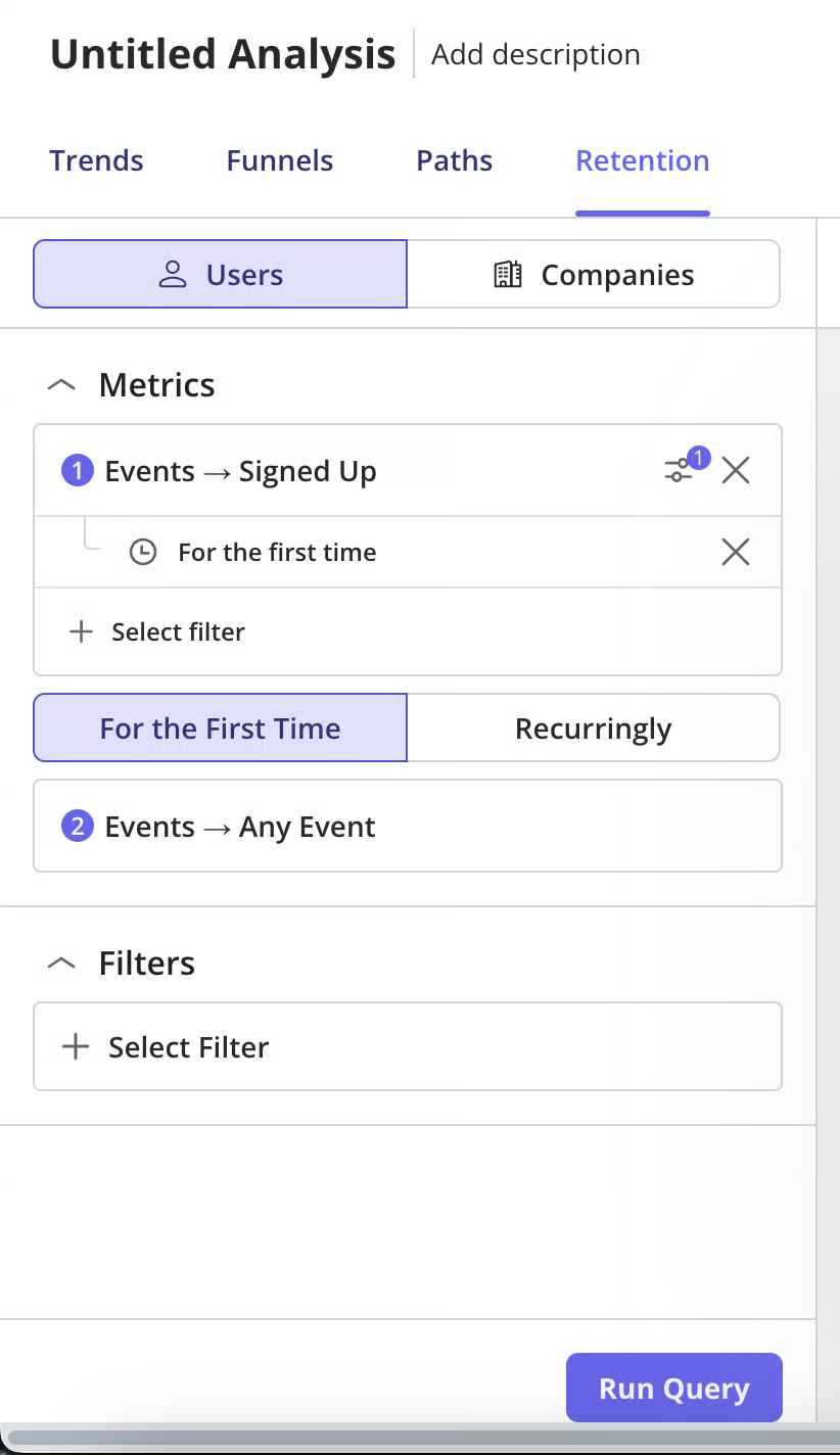 Retention report builder in Userpilot showing the Signed Up starting event and the Filters section.
